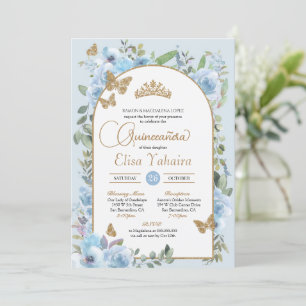 Baby Blue Butterfly Watercolor Floral Quinceañera Invitation