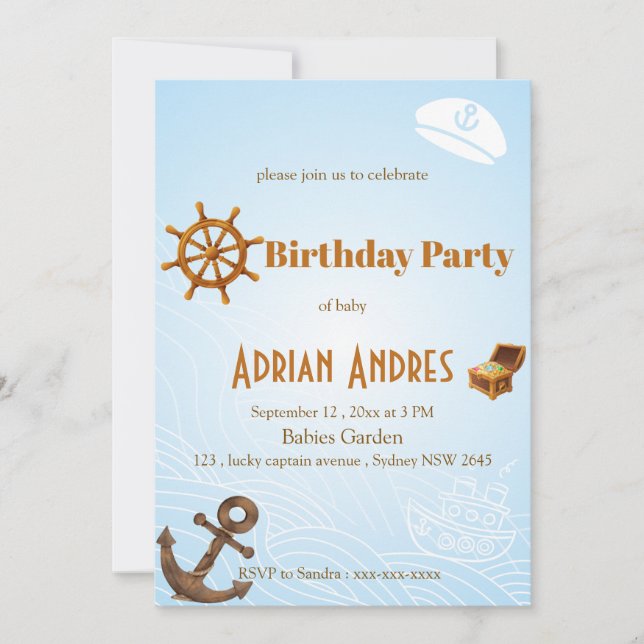 Baby Blue Captain Birthday Invitation (Front)