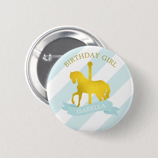 Baby Blue Carousel Horse "Birthday Girl" 6 Cm Round Badge (Front & Back)