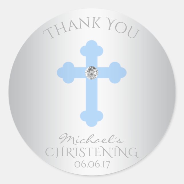 Baby Blue Cross Baptism/Christening Boy Thank You Classic Round Sticker (Front)