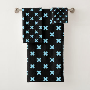 Baby blue cross stitches on black bath towel set