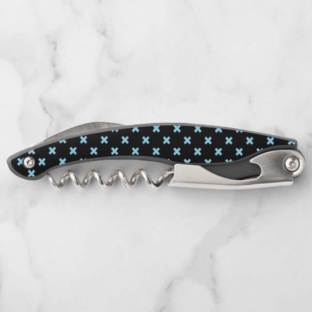 Baby blue cross stitches on black corkscrew (Back)