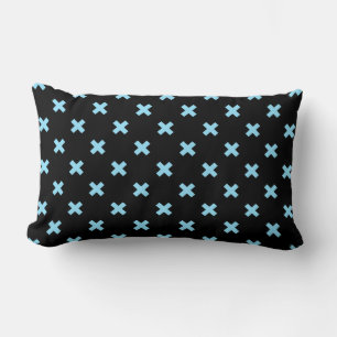 Baby blue cross stitches on black lumbar cushion