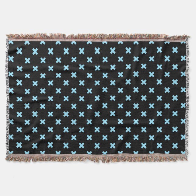 Baby blue cross stitches on black throw blanket (Front)