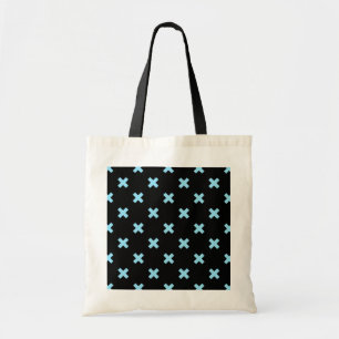 Baby blue cross stitches on black tote bag