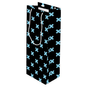 Baby blue cross stitches on black wine gift bag