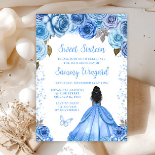 Baby Blue Dark Skin Princess Sweet Sixteen Invitation