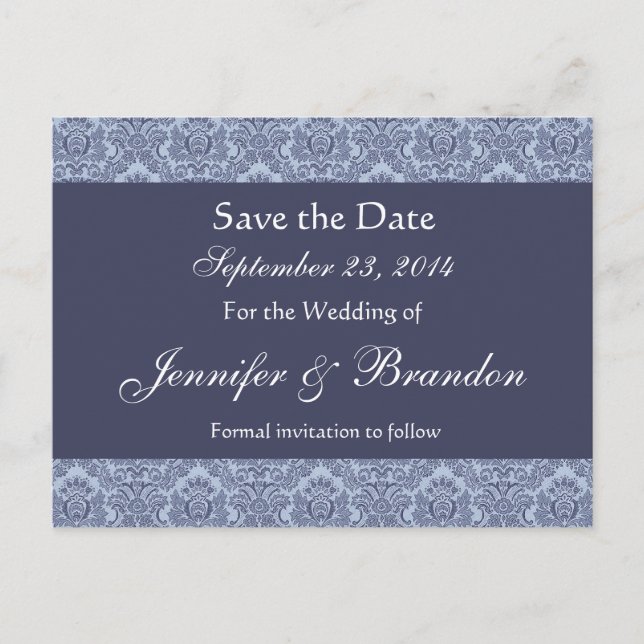 Baby Blue & Denim Damask Save The Date Postcard (Front)