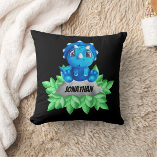 Baby Blue Dinosaur  Black Throw Pillow