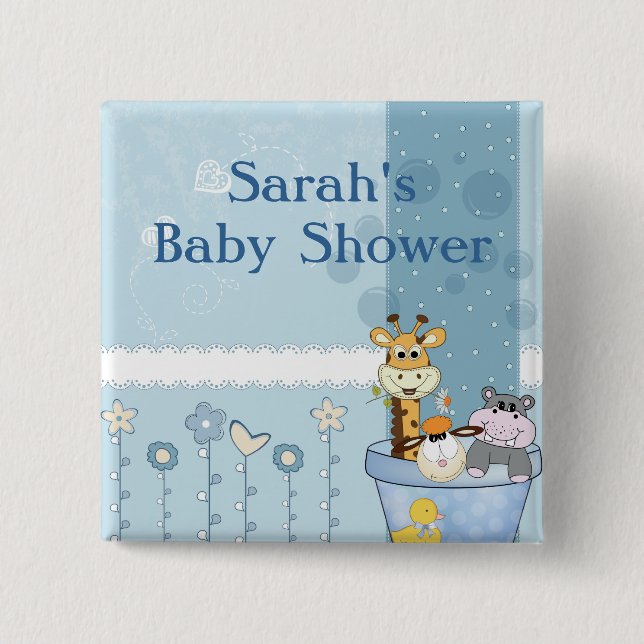 Baby Blue Dots Animals Flowers Baby Shower 15 Cm Square Badge (Front)