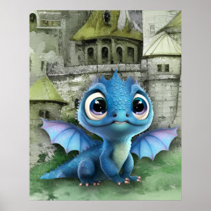 Baby Blue Dragon And Fantasy Mediaeval Castle Poster