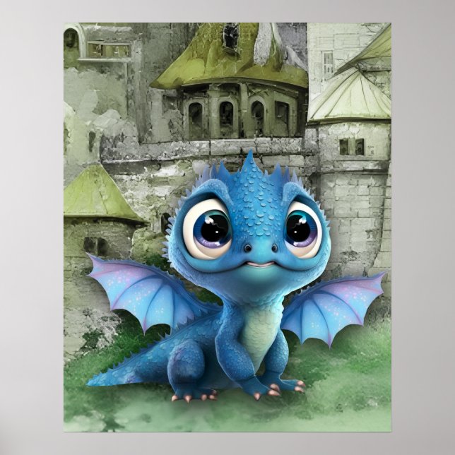 Baby Blue Dragon And Fantasy Mediaeval Castle Poster (Front)