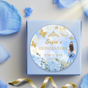 Baby Blue Dress Princess Glitter Quinceañera  Classic Round Sticker