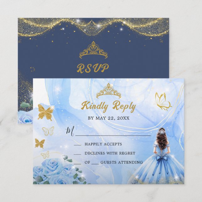 Baby Blue Dress Princess Glitter Quinceañera  RSVP Card (Front/Back)