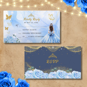 Baby Blue Dress Princess Glitter Quinceañera RSVP Enclosure Card
