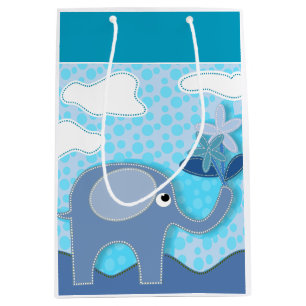Baby Blue Elephant and Flower Medium Gift Bag