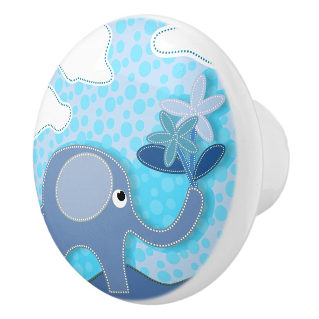 Baby Blue Elephant and Flower Nursery Ceramic Knob (Right)