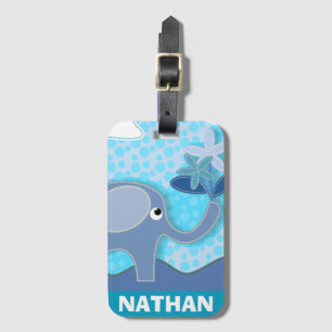 Baby Blue Elephant and Flower Personalised Kids Luggage Tag