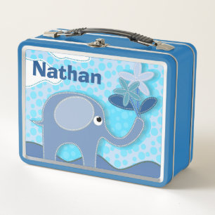 Baby Blue Elephant and Flower Personalised Kids Metal Lunch Box