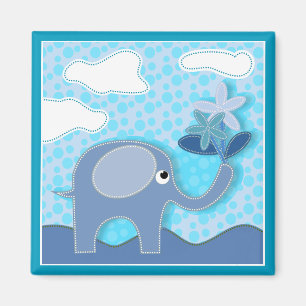 Baby Blue Elephant and Flowers Magnet