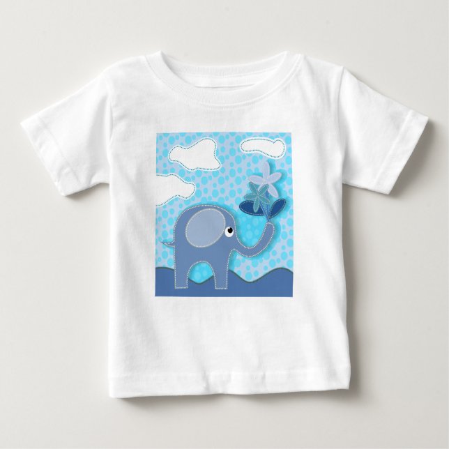 Baby Blue Elephant and Flowers T-Shirt (Front)