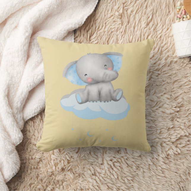Baby Blue Elephant On Yellow Throw Pillow (Blanket)