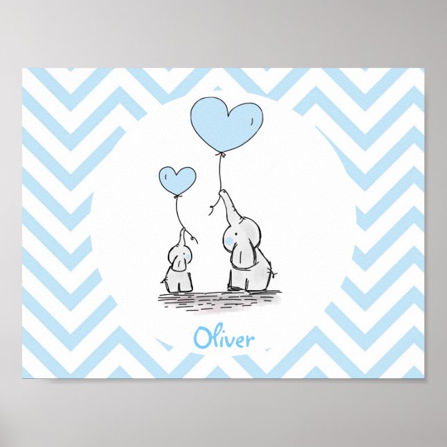 Baby Blue Elephant Personalised Baby Boy Poster (Front)