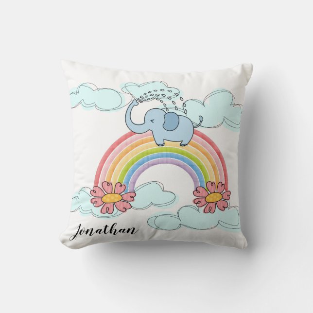 Baby Blue Elephant Rainbow Clouds Throw Pillow  (Front)