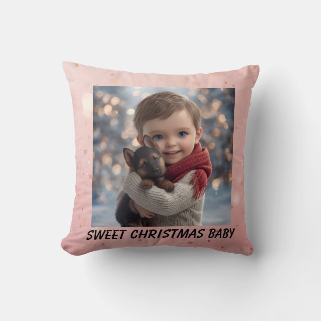 Baby & Blue-Eyed Pup Christmas Pillow (Front)