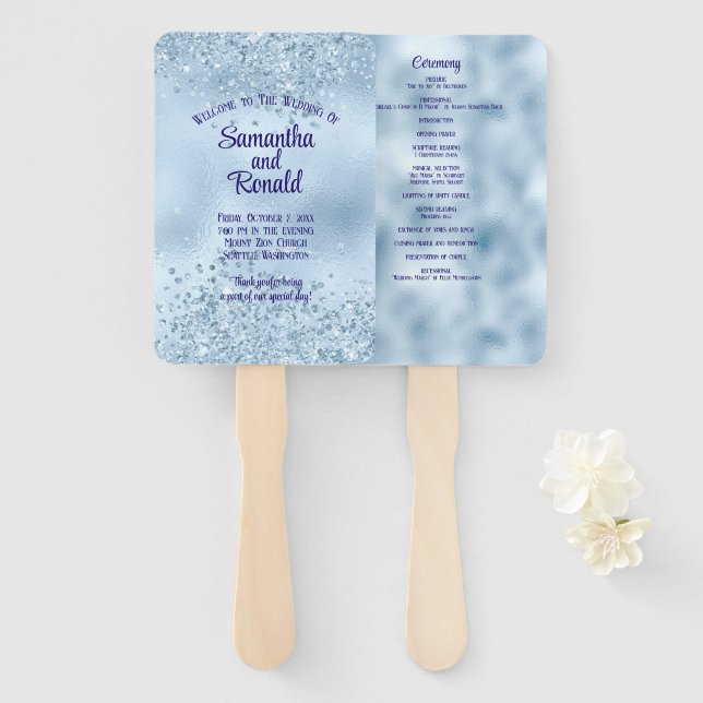 Baby Blue Faux Glitter and Foil Wedding Program Hand Fan (Front and Back)