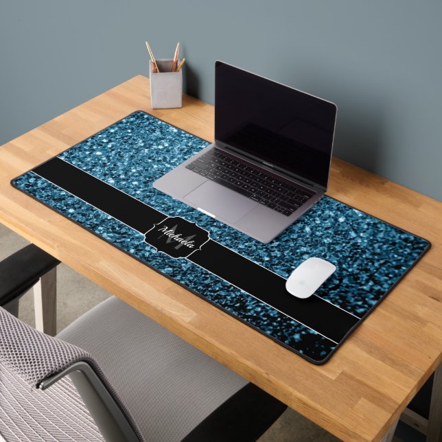 Baby blue faux glitter sparkles Monogram Desk Mat (Office 2)