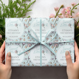 Baby Blue First 1st Birthday Candy Theme Wrapping Paper