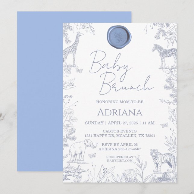 Baby Blue Floral & Animal Motif Baby Shower Invite (Front/Back)