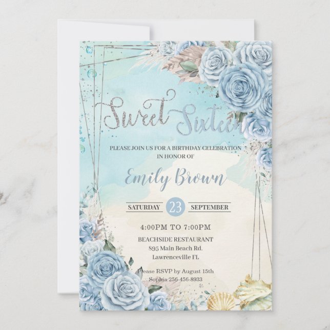 Baby Blue Floral Beach Pampas Sweet 16 Birthday Invitation (Front)