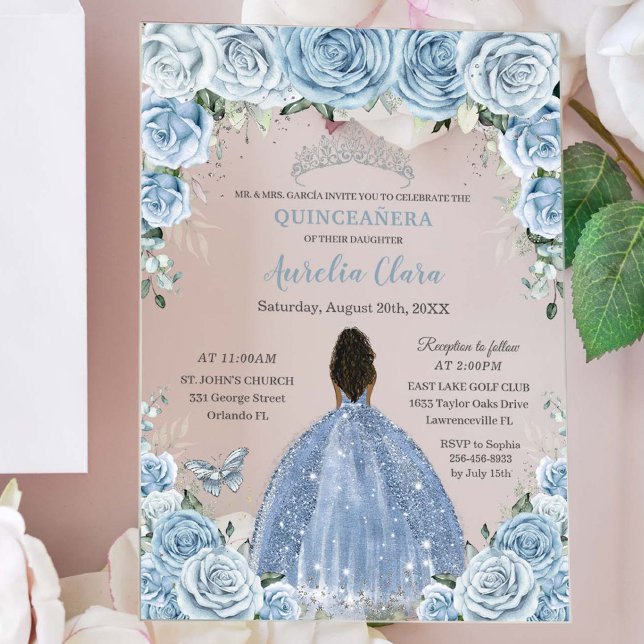 Baby Blue Floral Brown Princess Silver Quinceañera Acrylic Invitations (baby blue quinceañera acrylic invitation brown african girl in glittery dress butterfly silver tiara)