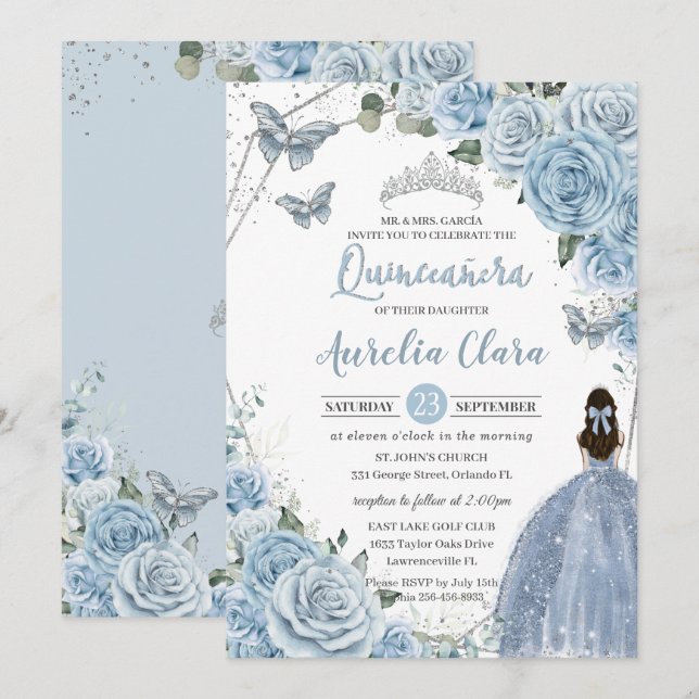Baby Blue Floral Butterflies Princess QUINCEAÑERA  Invitation (Front/Back)