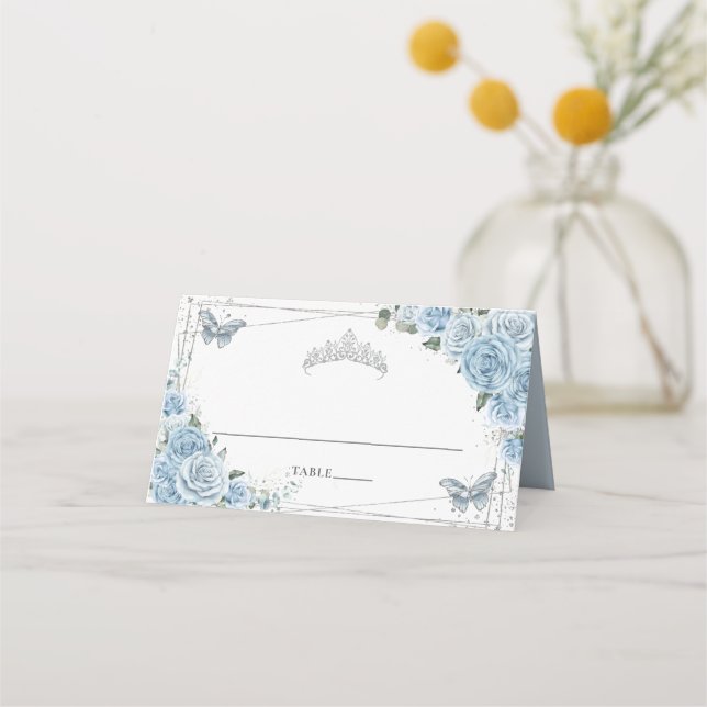 Baby Blue Floral Butterflies Quinceañera Birthday Place Card (Front)