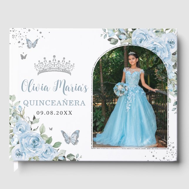 Baby Blue Floral Butterflies Quinceañera Photo Guest Book (Front)