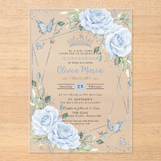 Baby Blue Floral Butterflies Silver Quinceanera Acrylic Invitations