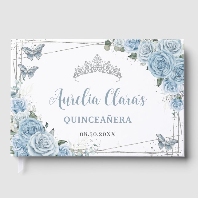 Baby Blue Floral Butterflies Silver Quinceañera Guest Book (Front)