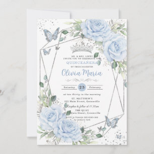 Baby Blue Floral Butterflies Silver Quinceanera Invitation