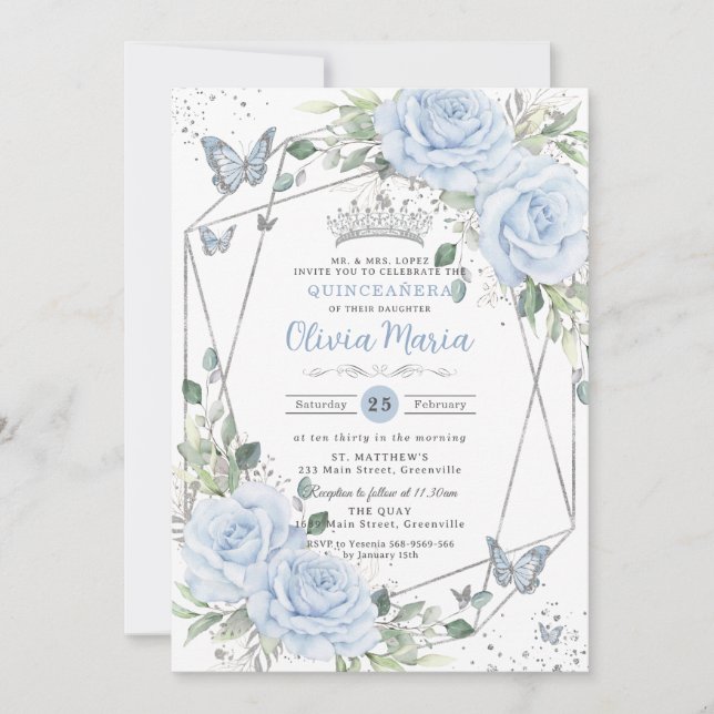 Baby Blue Floral Butterflies Silver Quinceanera Invitation (Front)