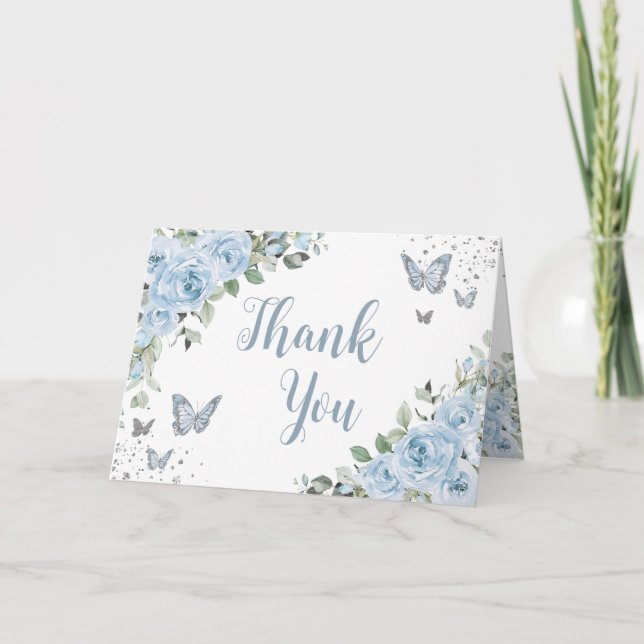 Baby Blue Floral Butterflies Silver Quinceañera Thank You Card (Front)