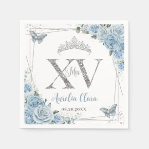Baby Blue Floral Butterflies Silver Quinceañera XV Napkin