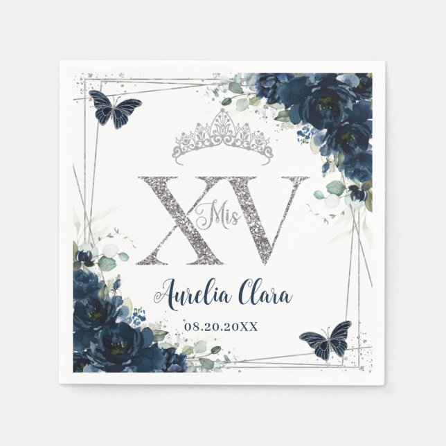 Baby Blue Floral Butterflies Silver Quinceañera XV Napkin (Front)