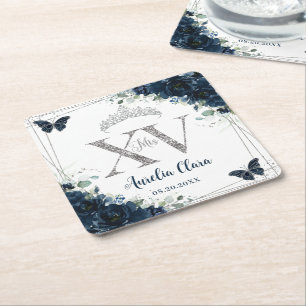 Baby Blue Floral Butterflies Silver Quinceañera XV Square Paper Coaster