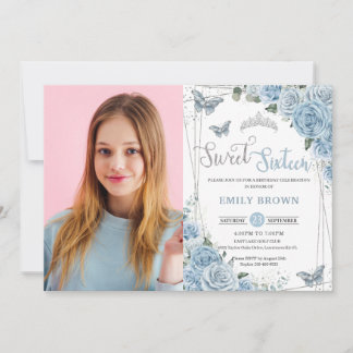 Baby Blue Floral Butterflies Sweet sixteen 16th In Invitation