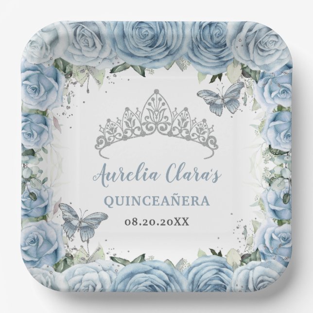 Baby Blue Floral Butterflies Tiara QUINCEAÑERA   Paper Plate (Front)