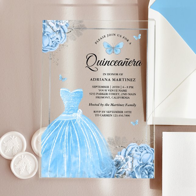 Baby Blue Floral Butterfly Silver Quinceanera Acrylic Invitations (Creator Uploaded)