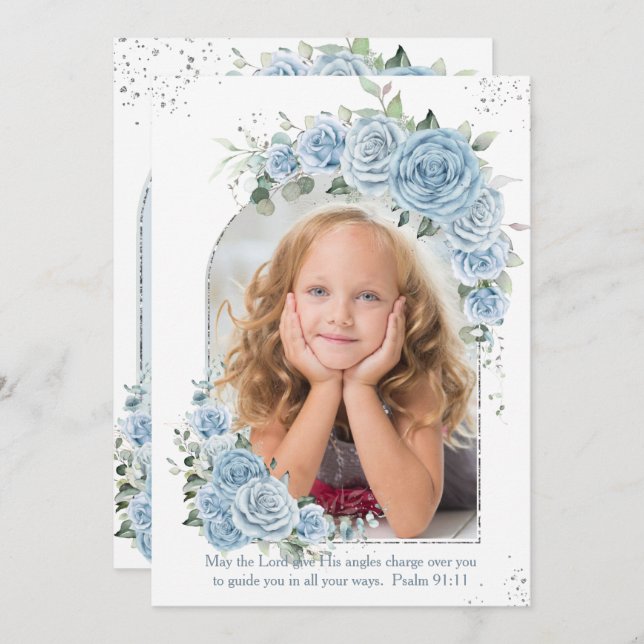 Baby Blue Floral Christening Baptism Photo Arch Invitation (Front/Back)